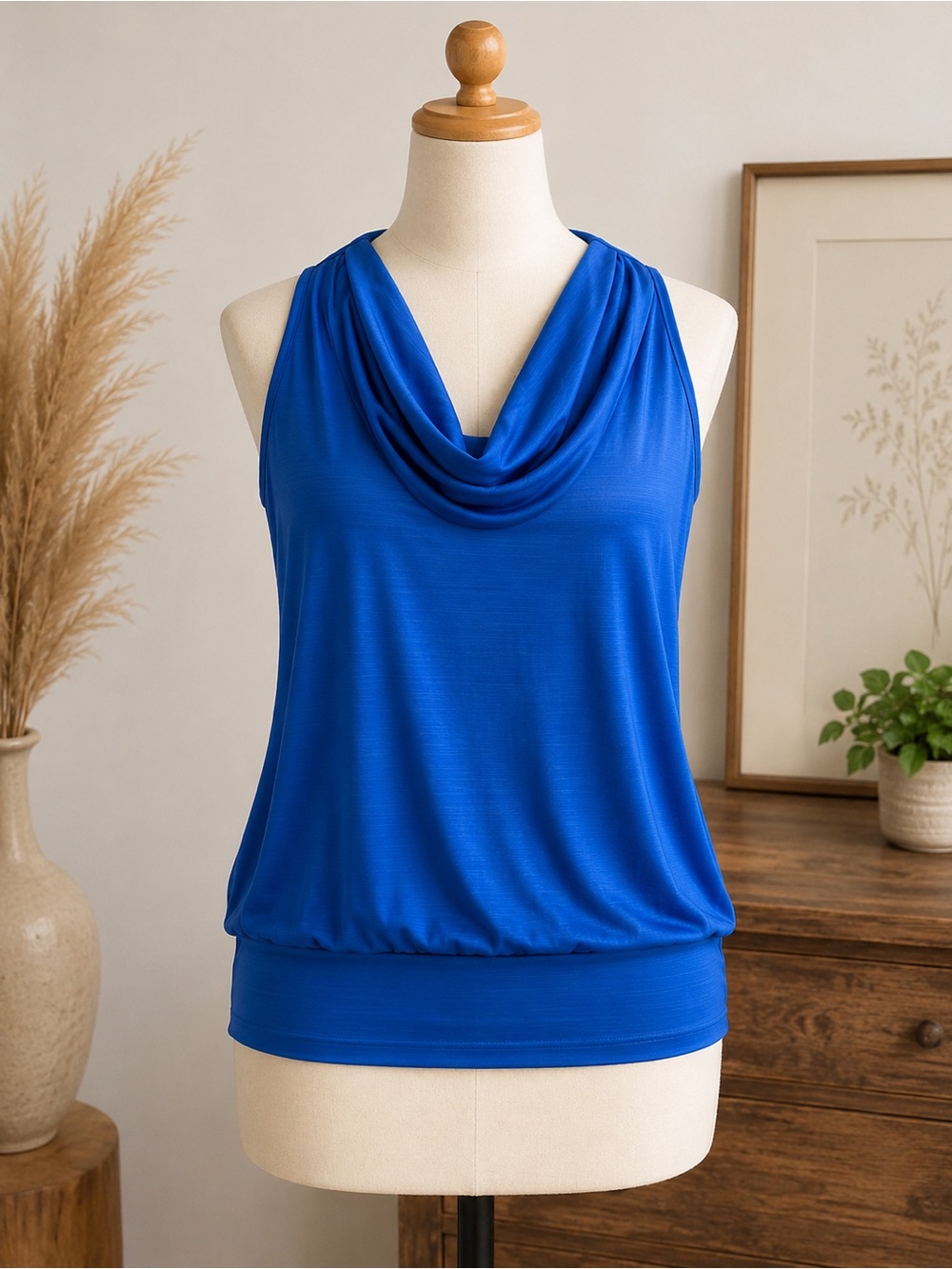 Royal Blue Cowl Neck Halter Tank Top Size Large Draped Sleeveless Blouse